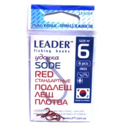 Гачки для риболовлі, Leader Sode, 6шт/уп, колір RED, розмір №6