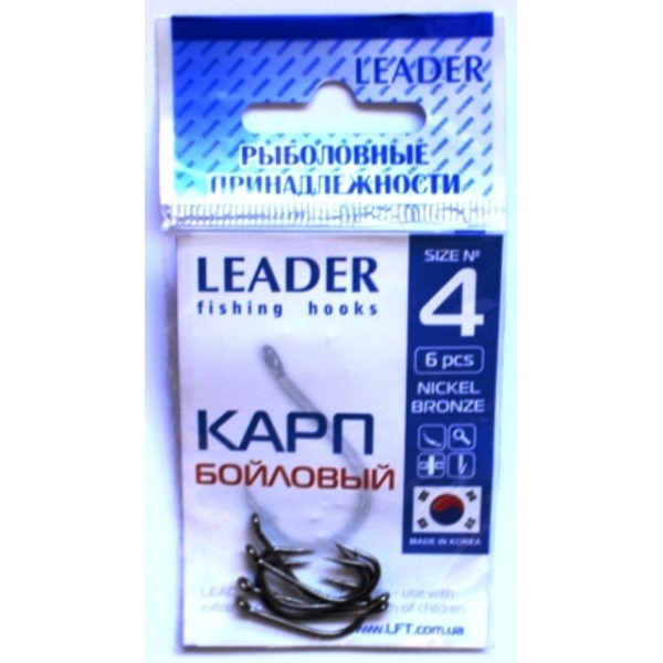 Крючки Leader Карп Бойловый BN, № 4 (6шт.) Крючки Leader Карп Бойловый BN, № 4 (6шт.)