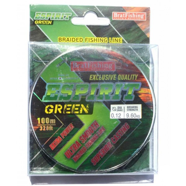 Шнур BratFishing ESPIRIT GREEN, зеленый, плетение 8 нитей, 100м., диаметр 0,12мм