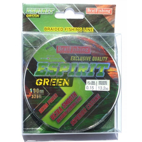 Шнур BratFishing ESPIRIT GREEN, зеленый, плетение 8 нитей, 100м., диаметр 0,15мм Шнур BratFishing ESPIRIT GREEN, зеленый, плетение 8 нитей, 100м., диаметр 0,15мм