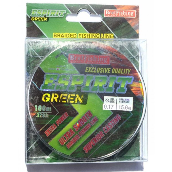 Шнур BratFishing ESPIRIT GREEN, зеленый, плетение 8 нитей, 100м., диаметр 0,17мм Шнур BratFishing ESPIRIT GREEN, зеленый, плетение 8 нитей, 100м., диаметр 0,17мм