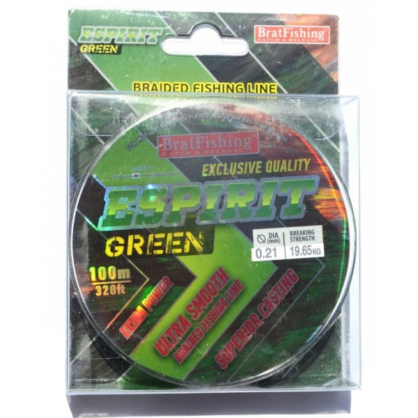 Шнур BratFishing ESPIRIT GREEN, зелений, плетіння 8 ниток, 100м., діаметр 0,21мм