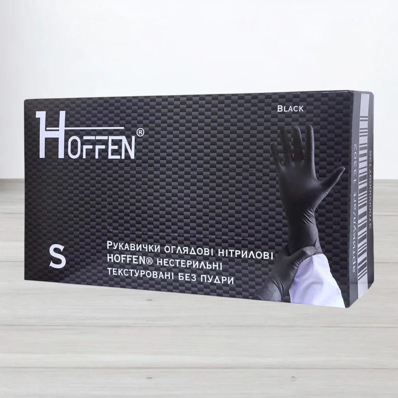 Перчатки нитрилови Hoffen, текстуровани чорни, размер S, 50пар/уп