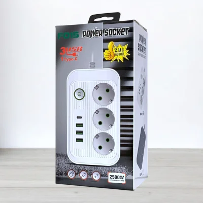 Мережевий фильтр с вимикачем Power Socket F015 на 3 розетки, 3 USB, 1 Type-C, 2500W, длина 2м