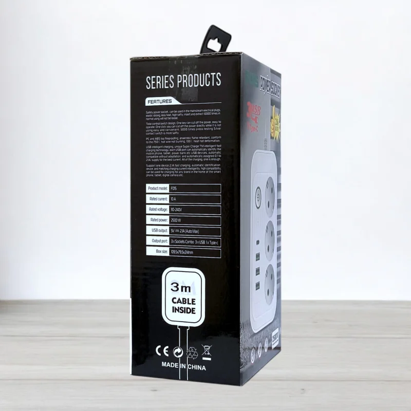 Мережевий фільтр з вимикачем Power Socket F015 на 3 розетки, 3 USB, 1 Type-C, 2500W, довжина 3м